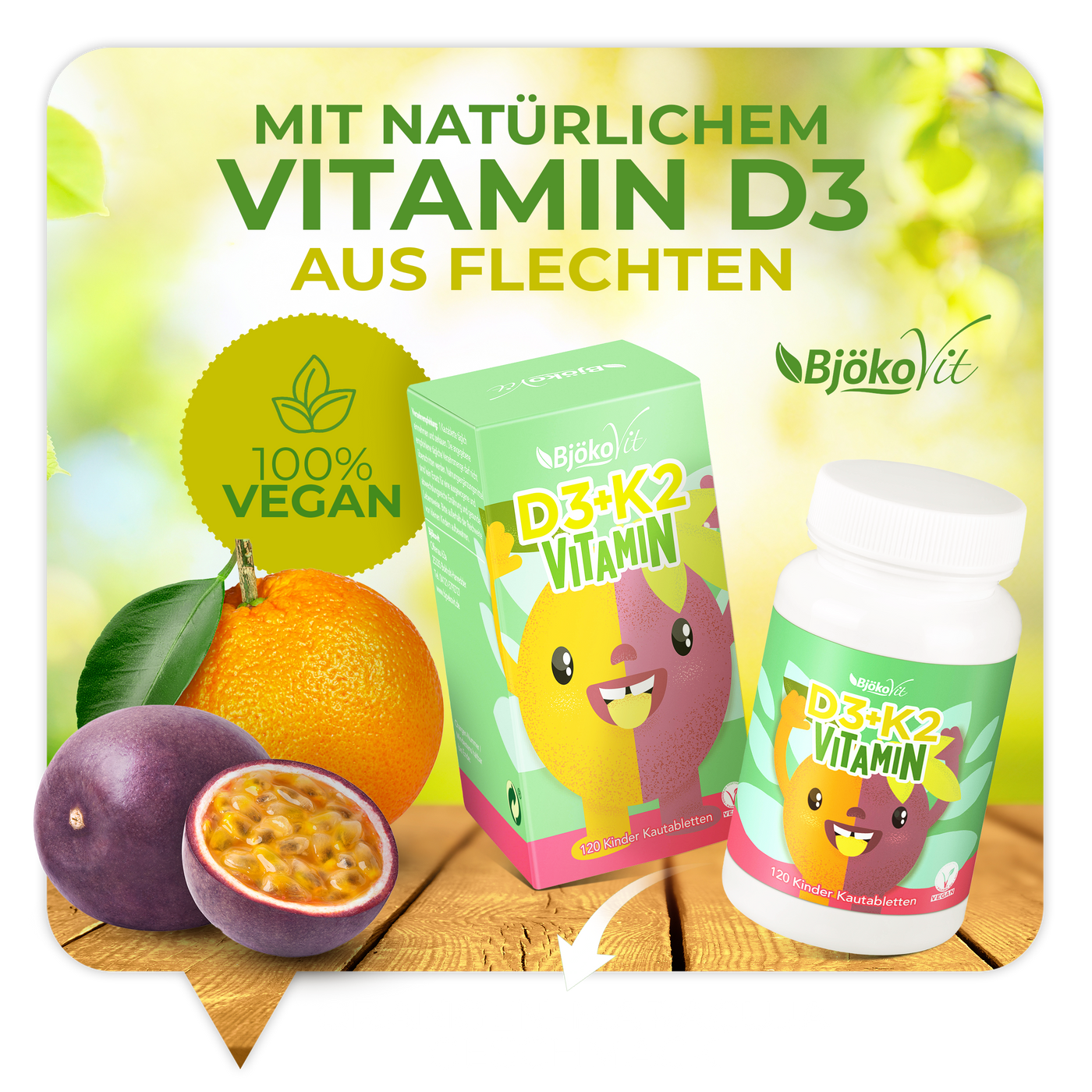 Vitamin D3 + K2-Kautabletten für Kinder (vegan) mit Orangen-Maracuja-Geschmack