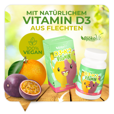 Vitamin D3 + K2-Kautabletten für Kinder (vegan) mit Orangen-Maracuja-Geschmack