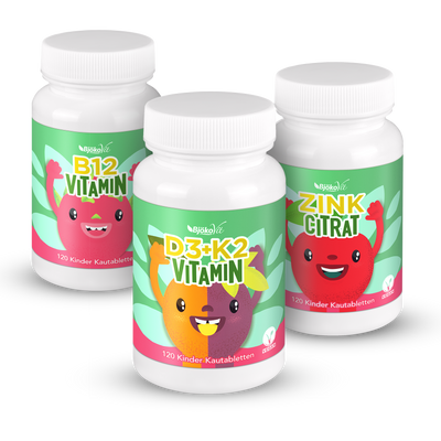 Kinder Paket (vegan) Vitamin B12, D3+K2 und Zink Citrat